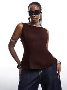 LYSMO Plus Size Elegant Coffee Brown Belted Camisole, Summer - Coffee Brown - View 4