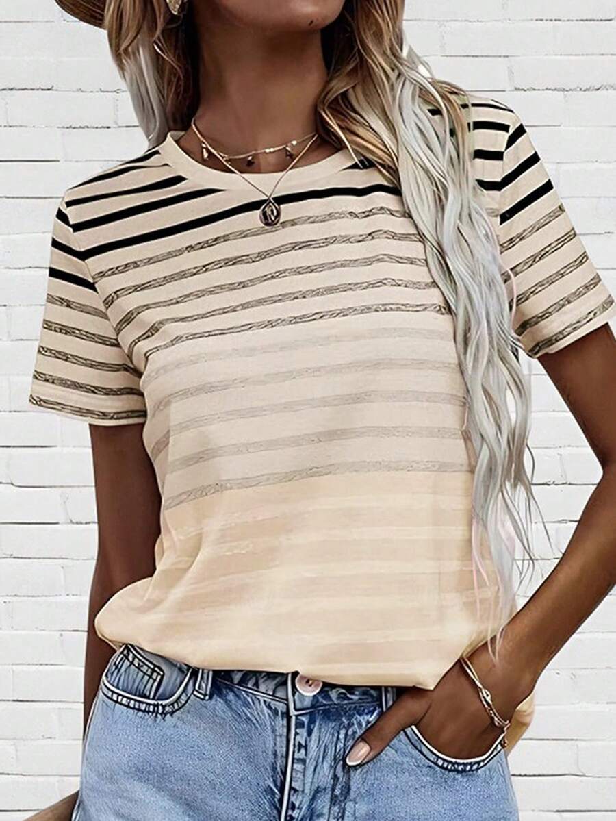 Women's Casual Pink Striped Print Short Sleeve Round Neck T-Shirt, Versatile Summer Style - Multicolor - View 1