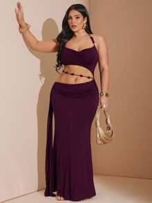 SHEIN BAE Plus Size Deep Chestnut Red Beaded Halter Bodycon Dress, Elegant Party Dress For Plus Size Women,Dark Purple,Summer,Girlism,Night Out Club,Curve - Rusty Rose - View 6