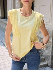 Mulvari Women's Pale Yellow Lace Patchwork Cap Sleeve Round Neck T-Shirt,Summer Elegant Everyday Loose Flattering Fashionable Versatile Top - Yellow - View 9