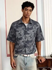 SWAVVY 时尚街头风格宽松短袖领男士衬衫，多种尺码，街头风版 - 灰色 - 查看 5