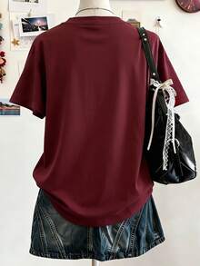 Lalippa Women's Casual Fashion Street Daily Commute Letter & Star Print Short Sleeve Top, Summer - Burgundy - View 2
