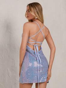Glamine Vestido mini elegante y sexy de mujer con espalda descubierta y lazo con lentejuelas, adecuado para la playa, citas, vacaciones - Azul - Ver 1