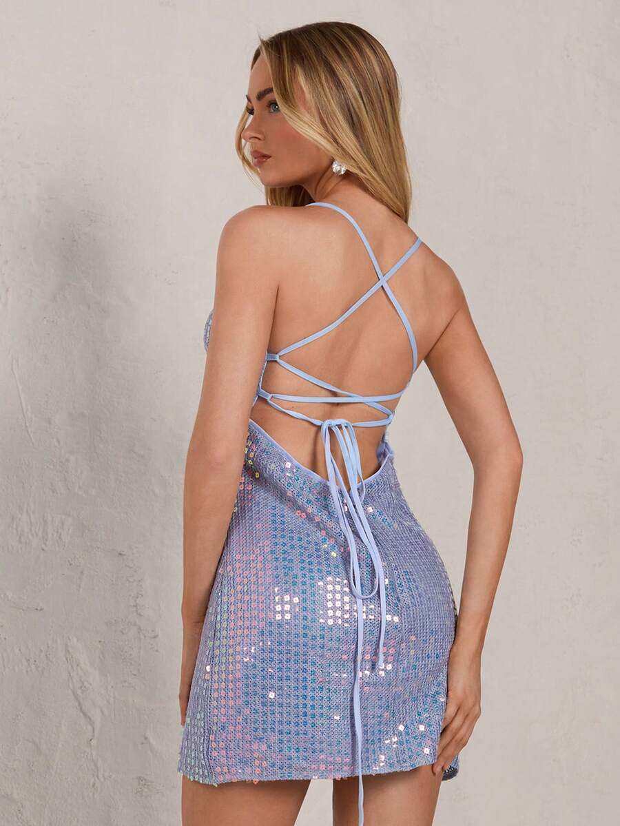 Glamine Vestido mini elegante y sexy de mujer con espalda descubierta y lazo con lentejuelas, adecuado para la playa, citas, vacaciones - Azul - Ver 1