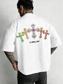 Manfinity EMRG Camiseta blanca oversize para hombres con estampado retro de cruz de diamante falso - Blanco - Ver 3