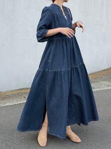 FRIFUL Đầm denim nữ dáng suông, cổ chữ V, eo thắt, thích hợp cho kỳ nghỉ hè và đi làm. - Màu xanh lam - Xem 4