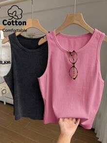 Comfortcana 2pcs Black And White Solid Color Sleeveless Washed Comfortable Ribbed Knit Tank Top, Plus Size, Spring/Summer Formal Holiday Casual - Multicolor - View 3