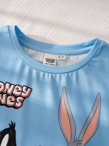 LOONEY TUNES X SHEIN Bộ đồ ngủ gồm áo thun ngắn tay in hình hoạt hình và quần short kẻ sọc dành cho bé trai. - Nhiều màu - Xem 4