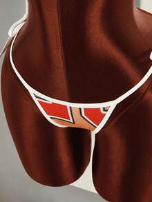 Amplova 3 pièces Top style jersey avec imprimé numérique et bas de bikini triangle, avec crop top super court ajouré. Tenue de plage sexy et à la mode pour les vacances - Orange - Voir 6