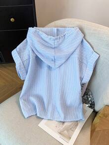 Qadelle Women's Summer Casual Versatile Textured Striped Chiffon Hooded Cardigan With Pockets, Short Sleeve - Blue and White - View 2