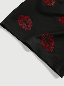 ROMWE MEN Pantalones cortos casuales con estampado de labios con rhinestones para hombres, adecuados para primavera y verano - Negro - Ver 5