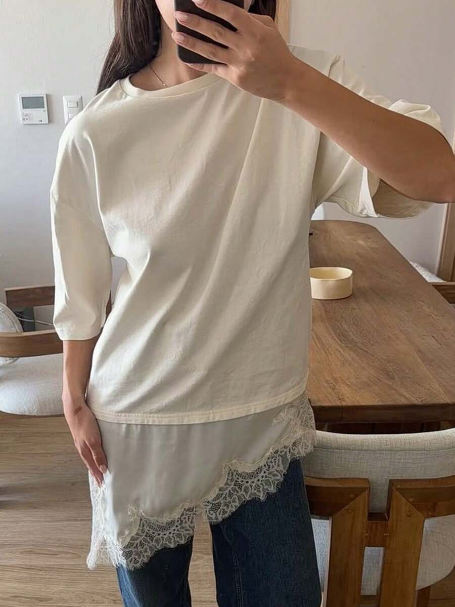 DAZY 女士宽松蕾丝拼接T恤，春季款 - 白色 - 查看 1
