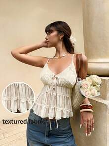 Serisse 女士纯色褶皱前系带吊带背心 - 杏色 - 查看 3