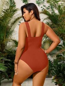 Swim Vcay Plus Size Solid Color Deep V-Neck Mesh Patchwork Ruffle One-Piece Swimsuit Beach Orange Summer Sexy - Maroon - View 2