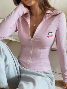 Women's Cartoon Print Front Zip Fitted Cropped Jacket - Pink - View 5
