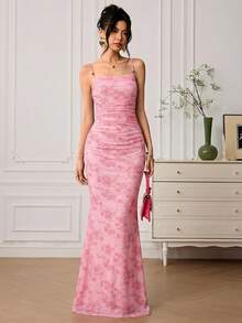 EastFlair Women's Elegant Floral Flocked Mesh Fishtail Dress, Summer - Baby Pink - View 5