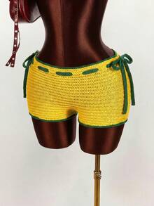 Amplova 2026 New Dopamine Color Vacation Women Knitted Mini Shorts - Yellow - View 2