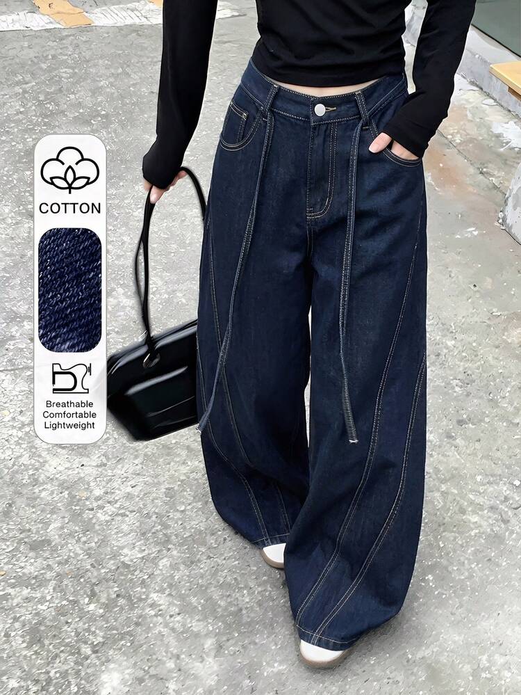Women's Washed Tie-Up Casual Denim Jeans, Autumn/Winter Street Style