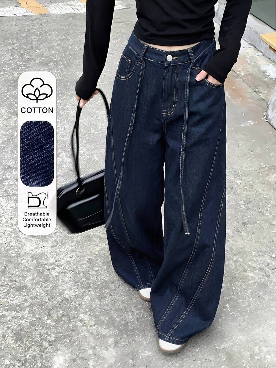 女士水洗系带休闲牛仔裤，秋冬街头风 - 寶藍色 - 查看 1