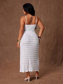 Rustia Plus Size Women's Sheer Sexy Slit Dress, Lace Trim Hollow Out Spaghetti Strap Bodycon Dress - White - View 2