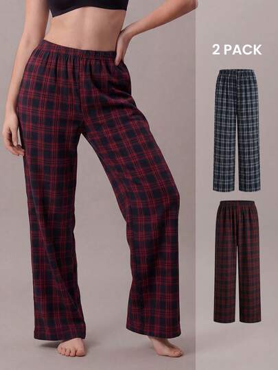 Liftille 2pcs Women's Plaid Low Waist Comfortable Loose Plaid Pants Men's Pajamas Plaid Pj Pants Men's Sleepwear Winter Pajamas Matching Pj Pants