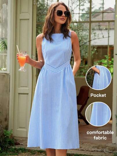 Dayvera Women's Striped Round Neck Casual Pocketed Sleeveless Dress Women Casual Dresses Women's Summer Dresses Women's Summer Outfits Women Dresses Elegant Classic Women's Dress Resort Dresses For Women Picnic Dresses For Women Brunch Dresses For Women Dresses For Woman Regular Size Women Dress Buissness Casual Women Dress Elegant Summer Dresses For Women Long Casual Dresses For Woman