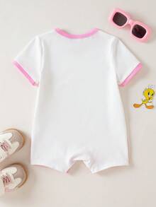 LOONEY TUNES X SHEIN Bộ áo liền quần in hình hoạt hình phối màu cho bé gái - Hồng - Xem 3
