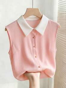 SHEIN Franclia Elegant Pink And White Contrast Color Sleeveless Shirt,Summer Chic Blouse For Women,Casual Street Style Brunch Tops For Business,Daily Wear - Pink - View 3