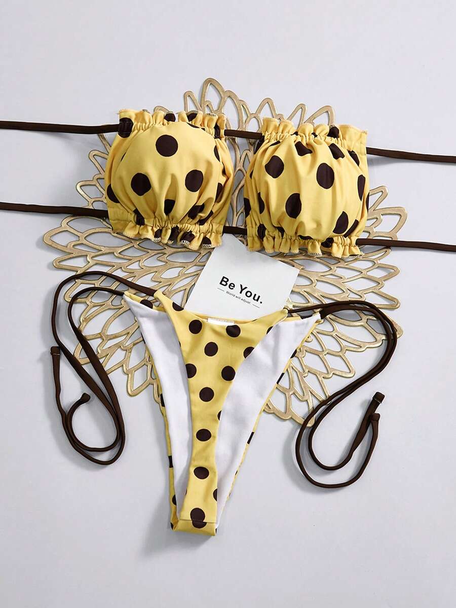 Swim Vcay Women's 2-Piece Polka Dot Print Floral Trim Bandeau Top And Side Tie Triangle Bikini Swimwear Set, Summer Fashion Resort Wear - Multicolor - View 1