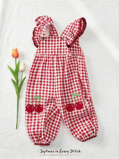 Cozy Pixies Áo liền quần cho bé gái họa tiết dâu tây, cổ vuông, bèo nhún