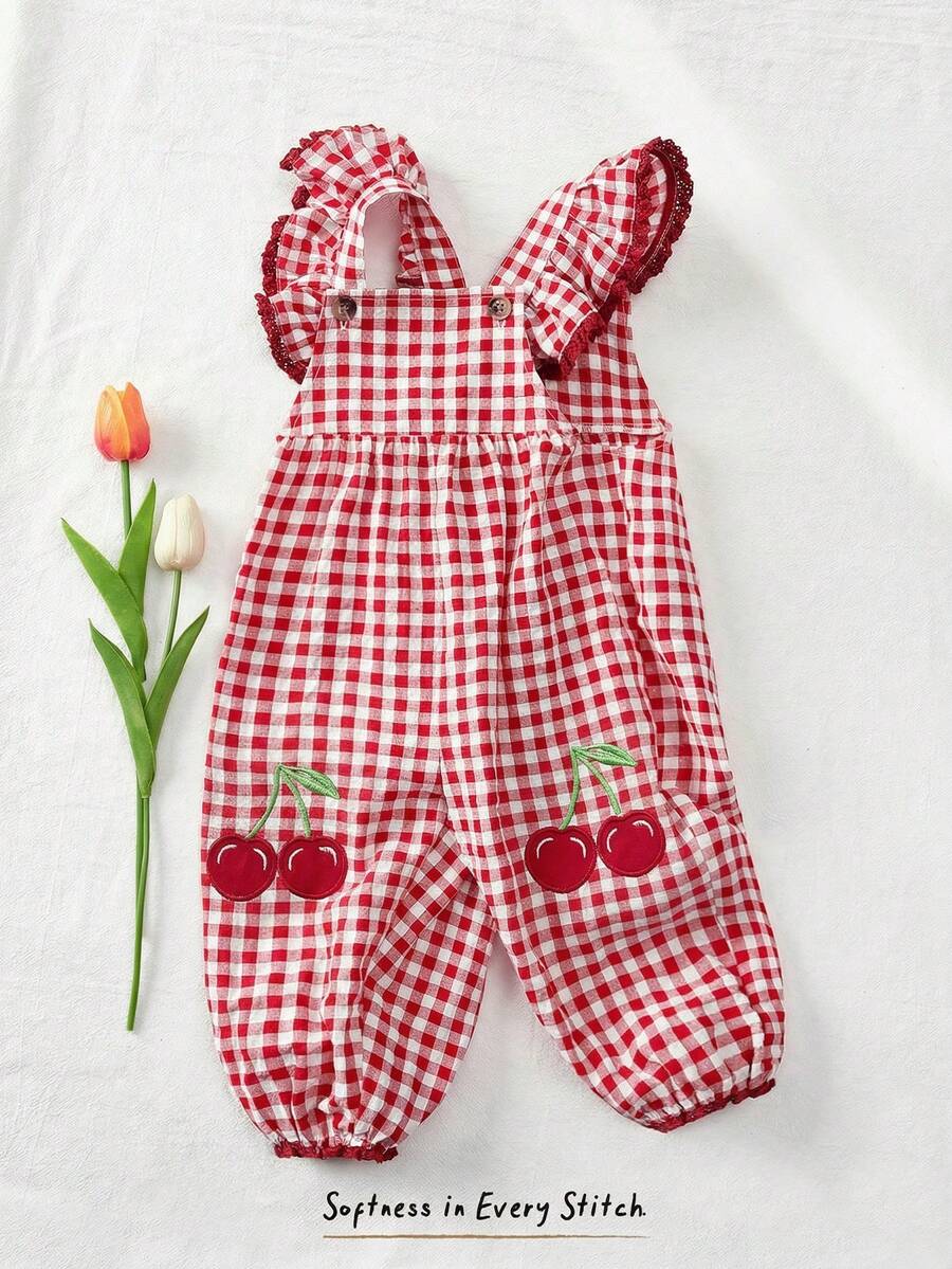 Cozy Pixies Áo liền quần cho bé gái họa tiết dâu tây, cổ vuông, bèo nhún - Đỏ - Xem 1