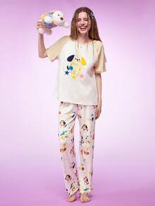 Notgurli Conjunto de pijama de mujer con estampado de cachorrito, de manga corta y pantalón - Multicolor - Ver 1