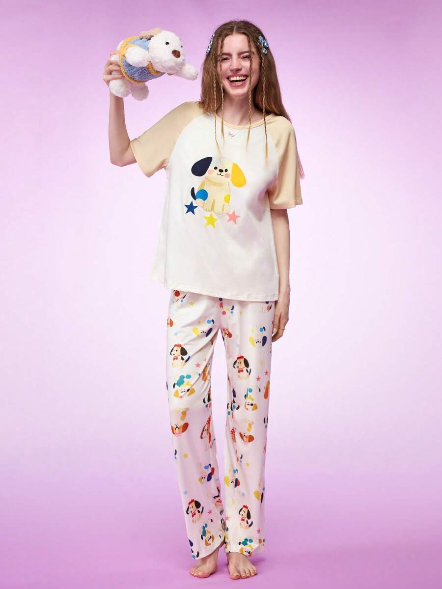 Notgurli Conjunto de pijama de mujer con estampado de cachorrito, de manga corta y pantalón - Multicolor - Ver 1