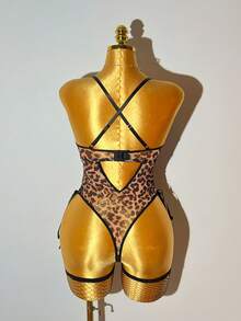 Bare Chapter 3pcs Sexy Leopard Print Mesh Crisscross Backless Jumpsuit Set With Side Slit And Underwire - Multicolor - View 2