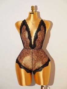 Bare Chapter/Leopard Print Deep V-Neck Backless Adjustable Strap Women's Bodysuit, Single Piece - Multicolor - View 6