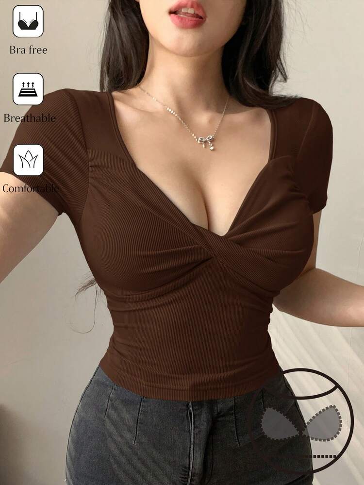Women's Deep V-Neck Wrap Short Sleeve Fitted Camisole With Built-In Padding, Sexy Casual T-Shirt For Summer