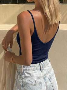 DAZY Camiseta de tirantes corta y ajustada con cuello cuadrado para mujer, top informal de capa para uso diario - Azul Marino - Ver 2