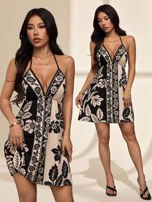 SHEIN PETITE Women's Vacation Sexy Contrast Color Splicing Floral Print Open Back Halter Dress,Summer Dresses For Women - Black and White - View 2