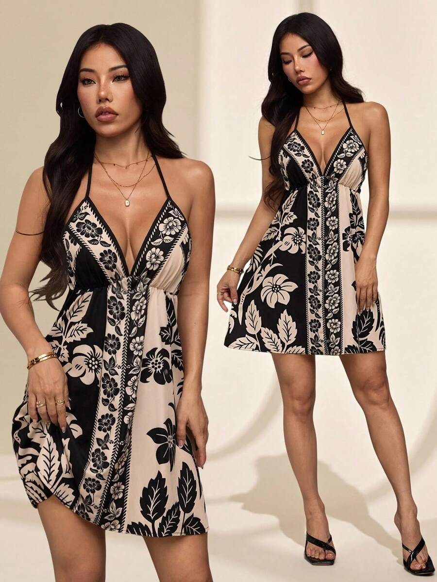 SHEIN PETITE Women's Vacation Sexy Contrast Color Splicing Floral Print Open Back Halter Dress,Summer Dresses For Women