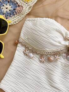 Soleia Conjunto casual de 2 piezas con top bandeau y shorts con decoración de metal para mujer - Blanco - Ver 5