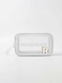 1PC Transparent Letter Toiletry Bag,Fashionable New Square Solid Color Makeup Bag With Embroidery Letters Summer Travel, Vacation Home Bathroom Decor Holiday Makeup Organizer Bathroom - White - View 9