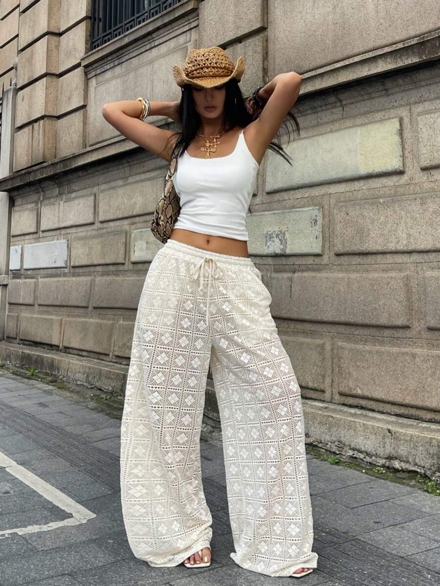 Coolane 女士夏季乡村音乐会外出海滩装扮波西米亚风简约水洗100%纯棉白色弧形裤脚裤 - 杏色 - 查看 1