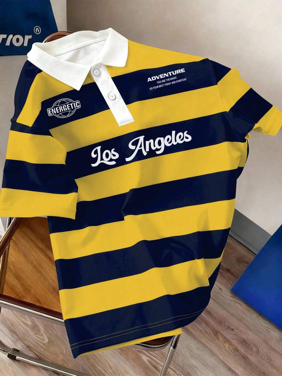 Manfinity Hypemode 男士休闲夏季度假通勤字母撞色条纹印花 Polo 衫 - 黃色 - 查看 1