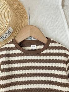 SHEIN LMoss Kids 2件套女婴针织条纹圆领T恤和短裤套装 - 棕色 - 查看 6