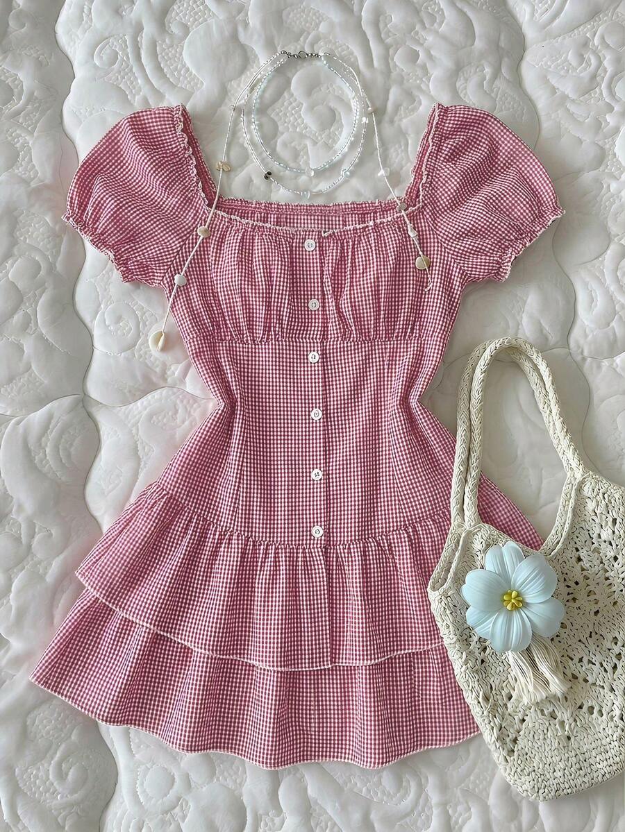 Elamini Women's Dress. Sweet And Youthful Red Check Pattern. Graduation Season. Bubble Sleeves. Cake-Style Skirt. Decorative Buttons - Red - View 1