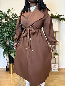 Truni Abrigo informal de trinchera de color liso con doble botonadura y talla grande, para primavera/otoño - Marrón - Ver 4