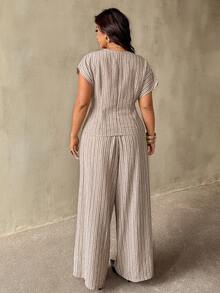 Auralis Nuevo conjunto elegante de ropa de trabajo para ir y venir en verano, con parte superior sin mangas de escote cruzado en V y hombros caídos, talla grande pantalón /Elegante conj - Caqui 2 - Ver 6