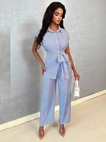 SHEIN Holidaya Blue And White Stripe Striped Bow-Tie Front Shirt And Straight Leg Pants 2-Piece Set For Women Vacation Summer Coastal Elegant - Blue and White - View 4