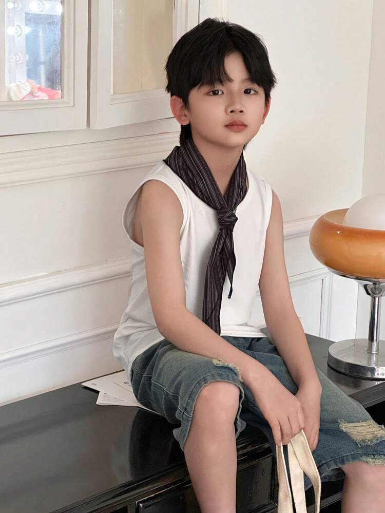 Tween Boy's Casual Vacation & Daily Wear Solid Color Ribbed Knit Tank Top, Minimalist All-Match