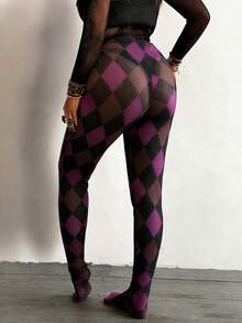 Whyspr Punk Sexy Mesh Rhombus Plaid Skinny Women's Leggings In Black & Red - Purple - View 2